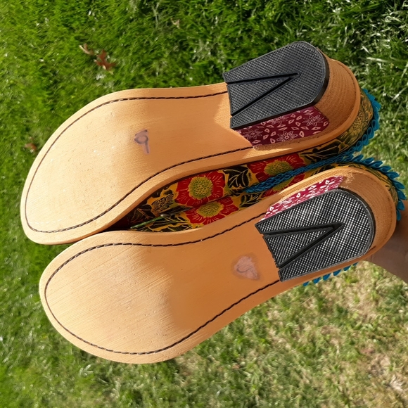 Boho Sz 42 Floral Multicolor Lace Up Ruffle Patchwork Clog Shoes - Picture 13 of 17